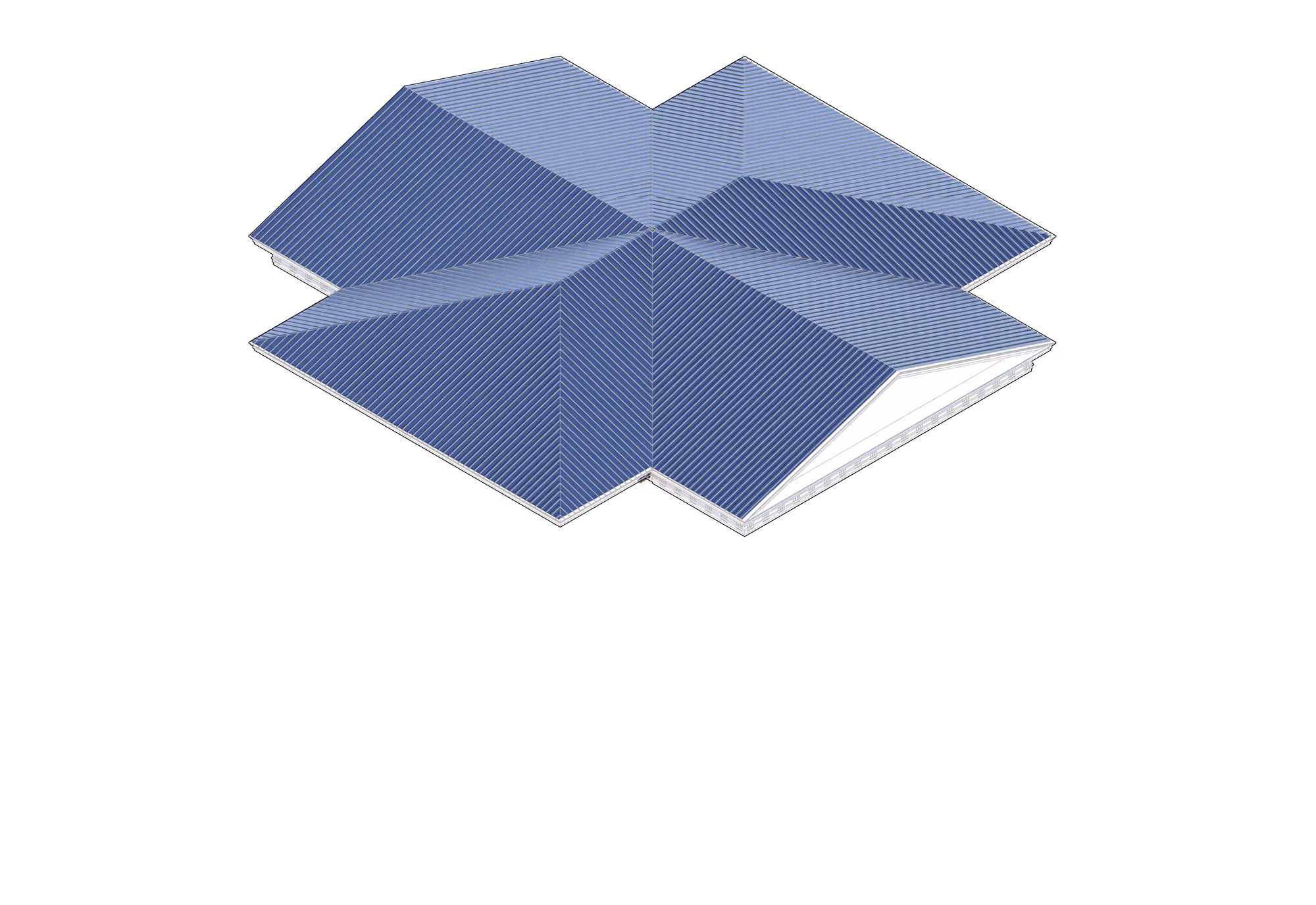 Blue metal hip roof with multiple angled ridges and a complex, symmetrical layout.