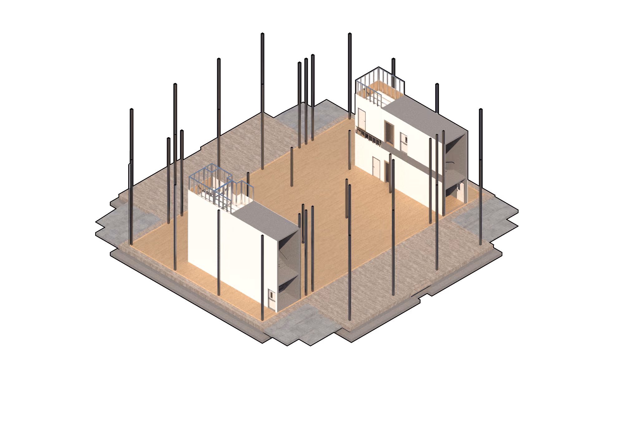 3D model of a building layout with two white walls, open spaces, and vertical black poles.
