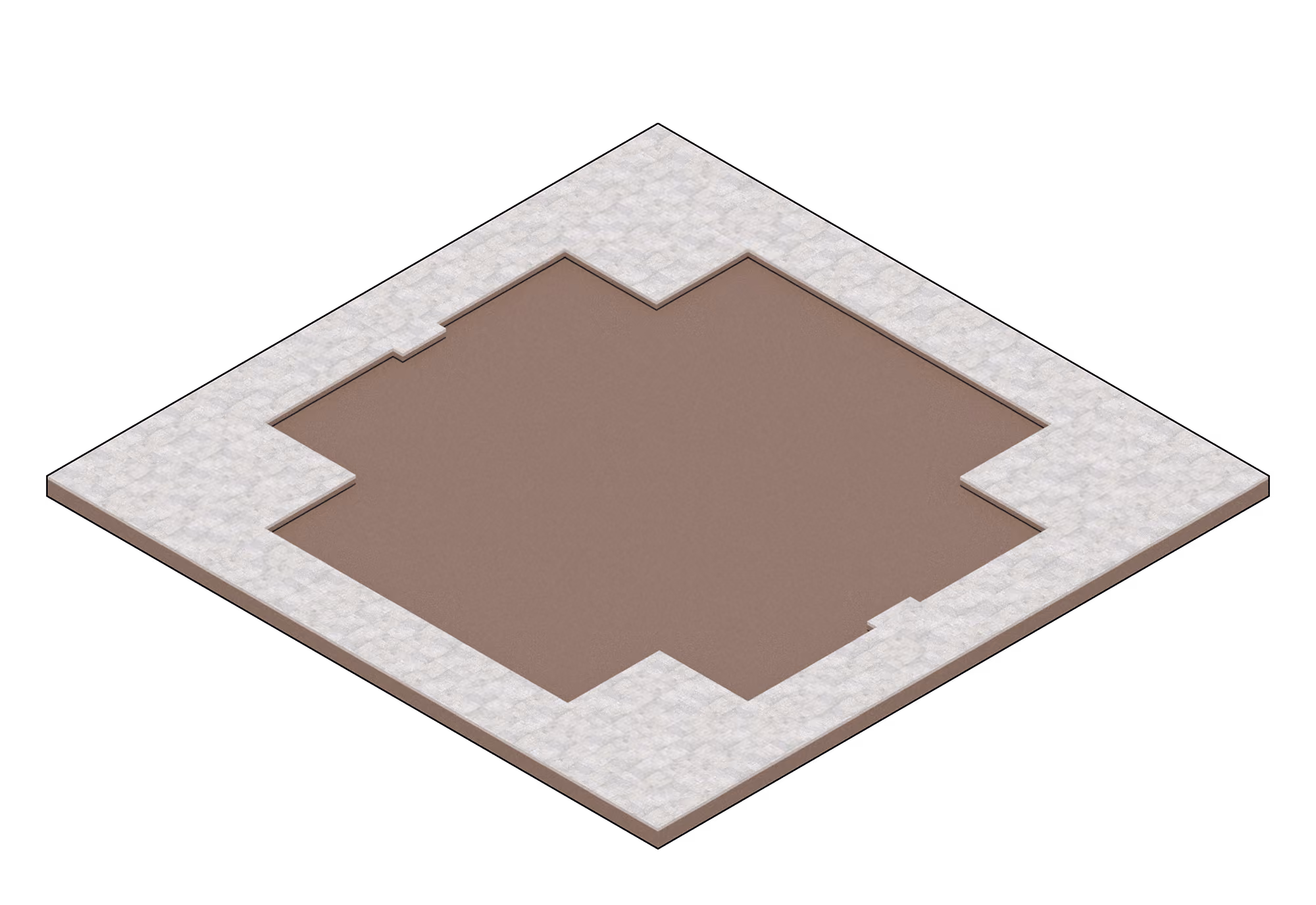 Isometric view of a square area with a brown center and white tiled border.