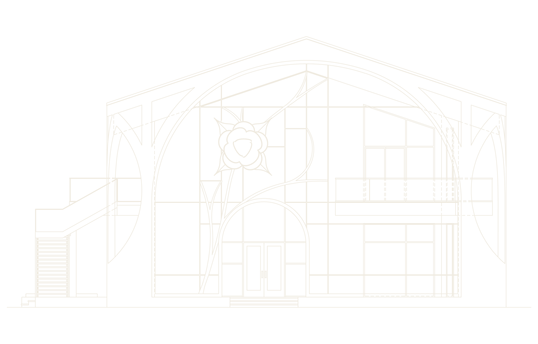 Line drawing of modern building facade with large arched window and floral design on glass panels.