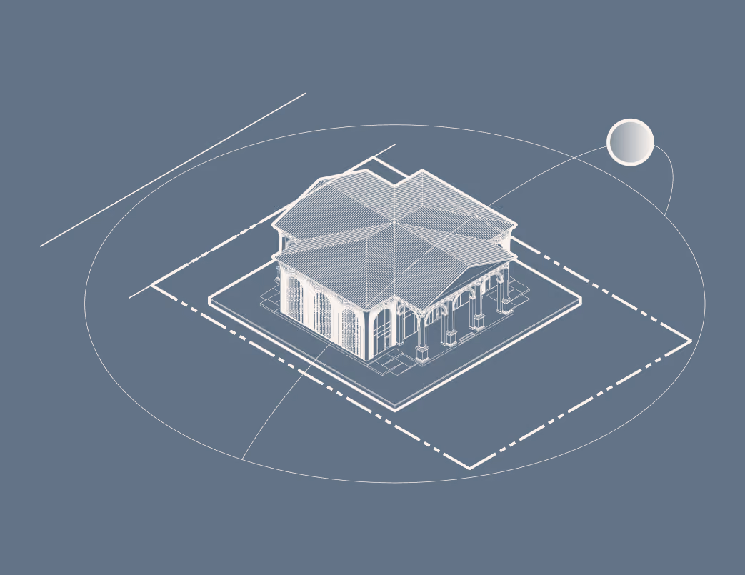 3D wireframe illustration of a house with a gabled roof on a blue-gray background.