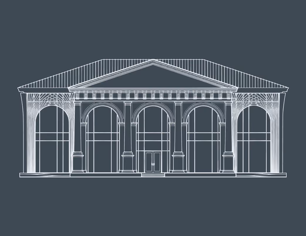 Architectural blueprint of a classical building facade with columns, arches, and a triangular pediment.