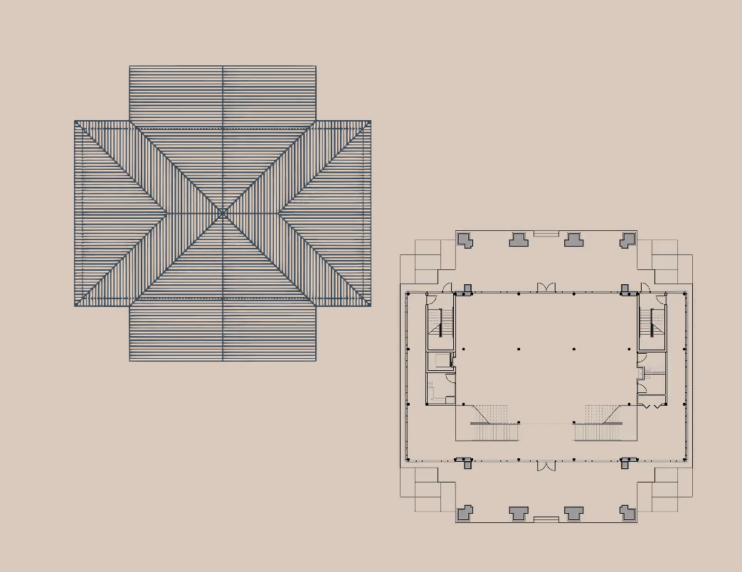 Architectural drawing of a roof plan and a building floor plan side by side on beige background.