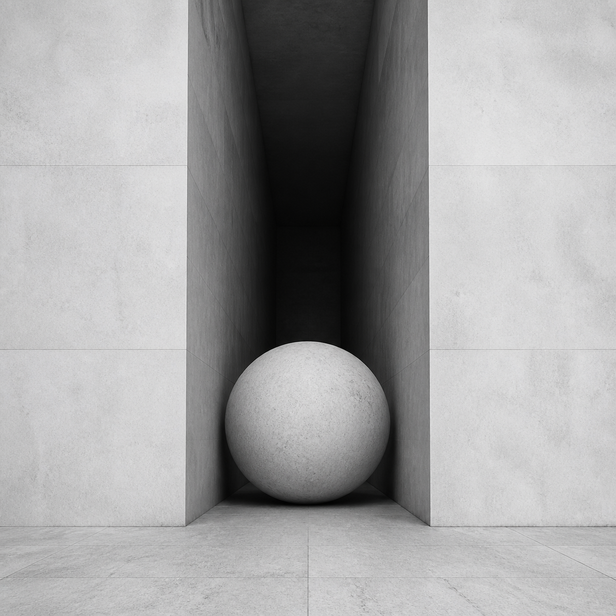 Large smooth stone sphere placed in the middle of a narrow, tall concrete corridor with tiled walls and floor.