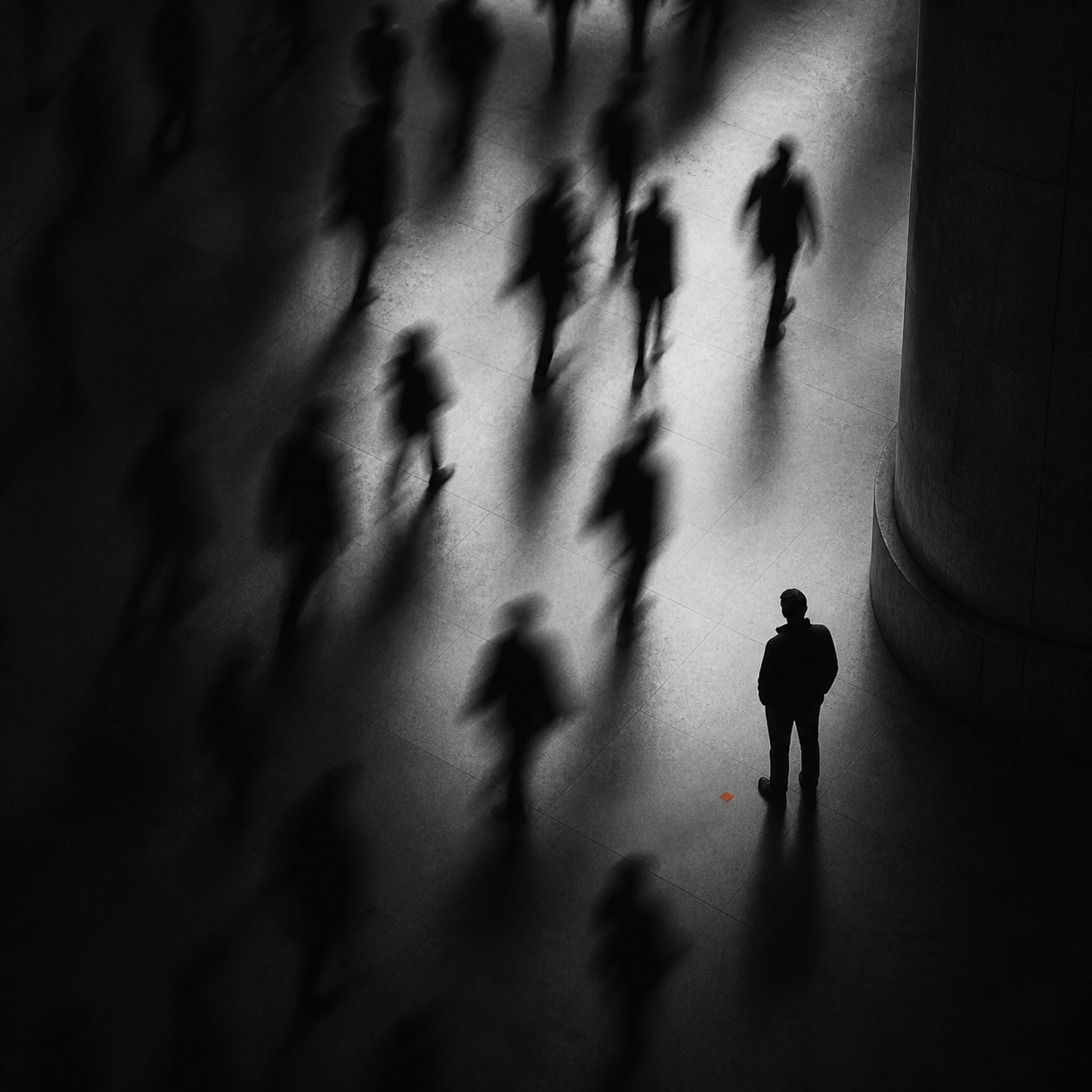 Black and white image of numerous blurred silhouettes of people walking on a shiny floor with long shadows, and one distinct figure standing alone near a large pillar.