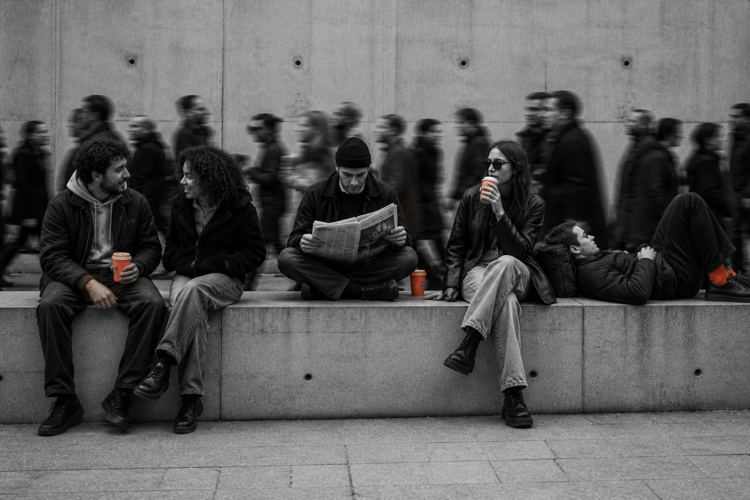 Five people sitting on a concrete bench in front of a concrete wall: two on the left are talking and holding orange coffee cups, the middle person reading a newspaper with an orange cup beside them, another person wearing sunglasses drinking from an orange cup, and the last person lying down resting, wearing orange socks; blurred people walk past in the background.