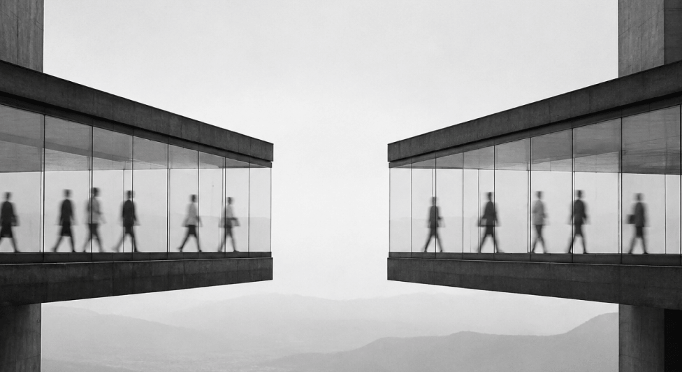 Black and white image of two parallel glass corridors suspended in the air with blurry silhouettes of people walking inside each corridor, set against a hazy mountainous background.