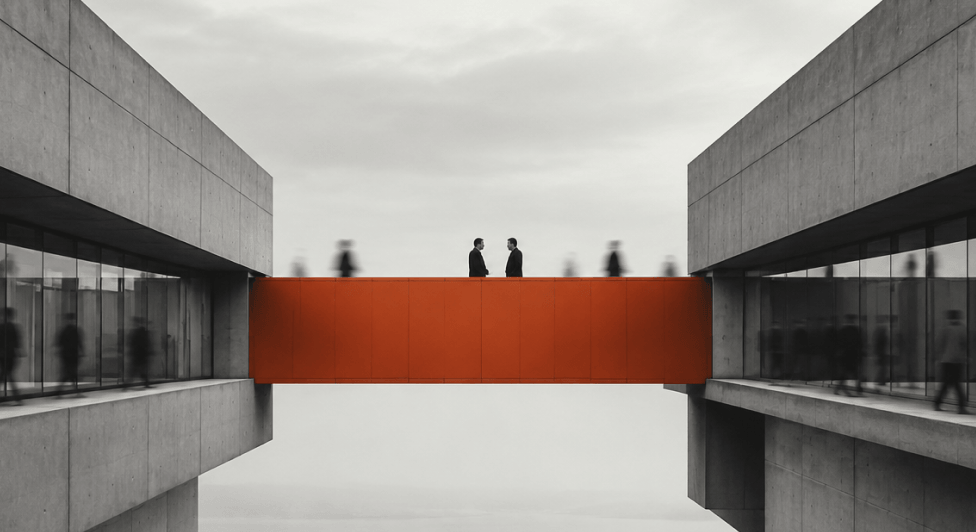 Two men in suits facing each other and talking on an orange bridge connecting two large concrete buildings, while blurred figures walk past them inside and outside the buildings.