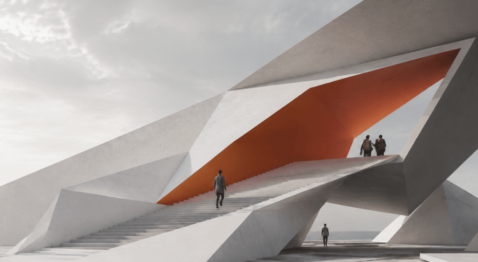 Futuristic concrete staircase with sharp geometric shapes and an orange inner ceiling, with people ascending and standing on it under a cloudy sky.