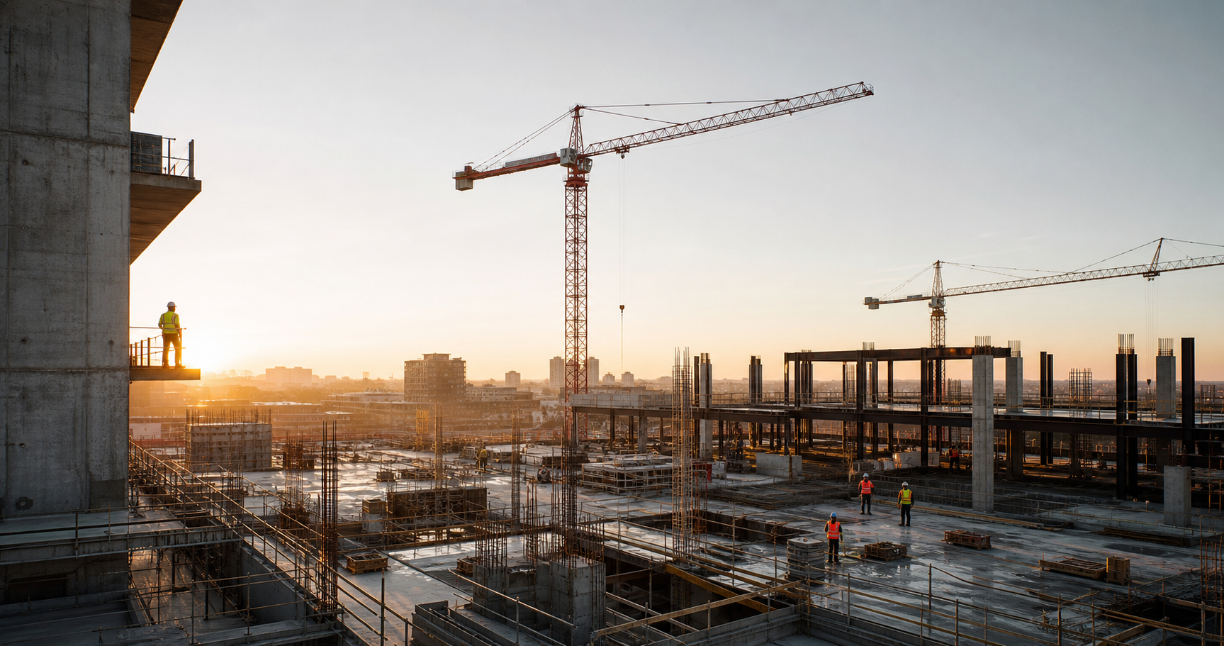 AI-generated editorial illustration of a commercial construction site at dawn with cranes and a concrete structure