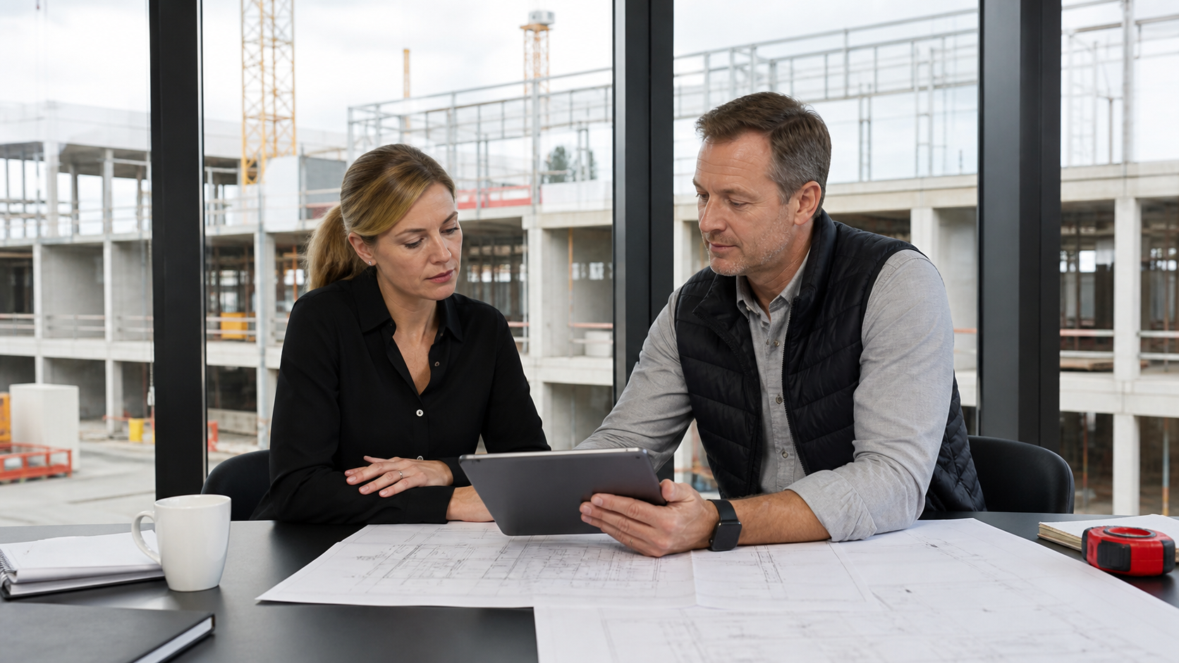 AI-generated editorial illustration of a client and construction leader reviewing project data