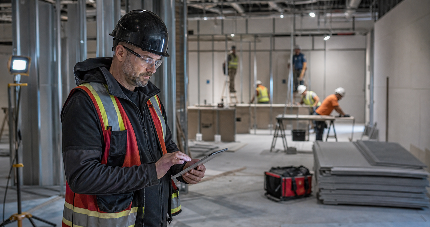 AI-generated editorial illustration of a construction foreman using field data on a tablet