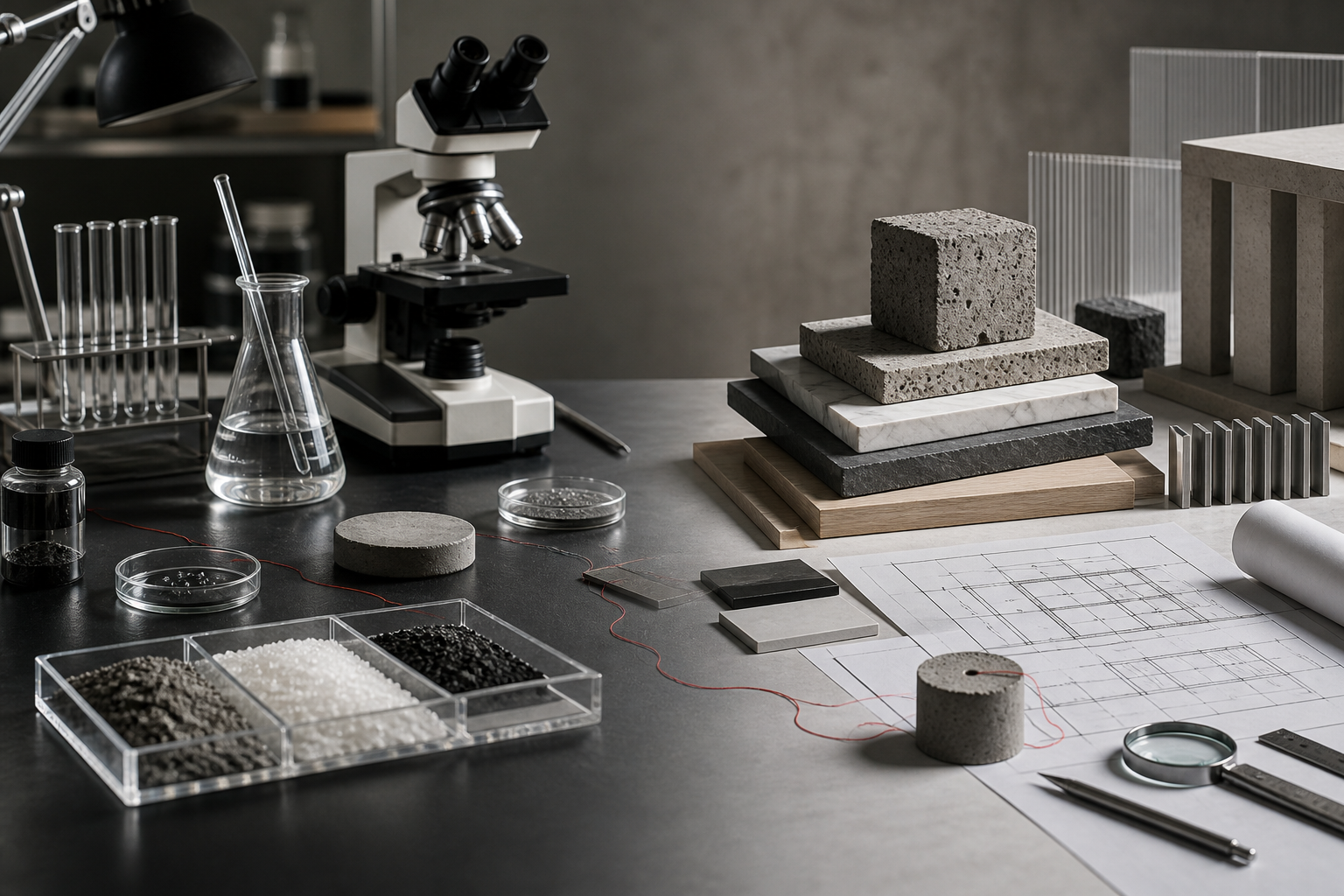 AI-generated editorial illustration combining laboratory equipment, construction materials, and blueprints