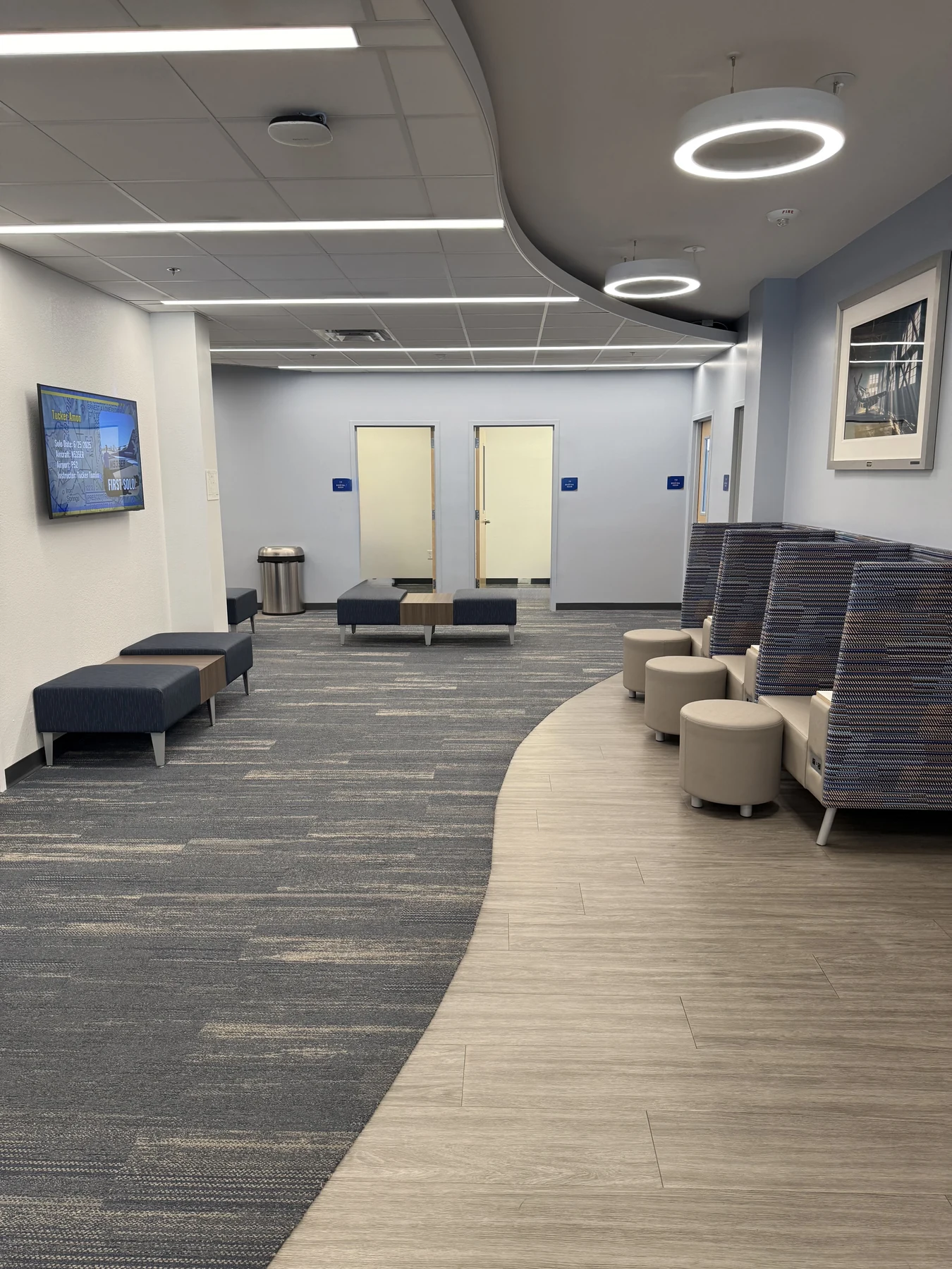 Interior student lounge and waiting area in the Embry-Riddle flight simulator building