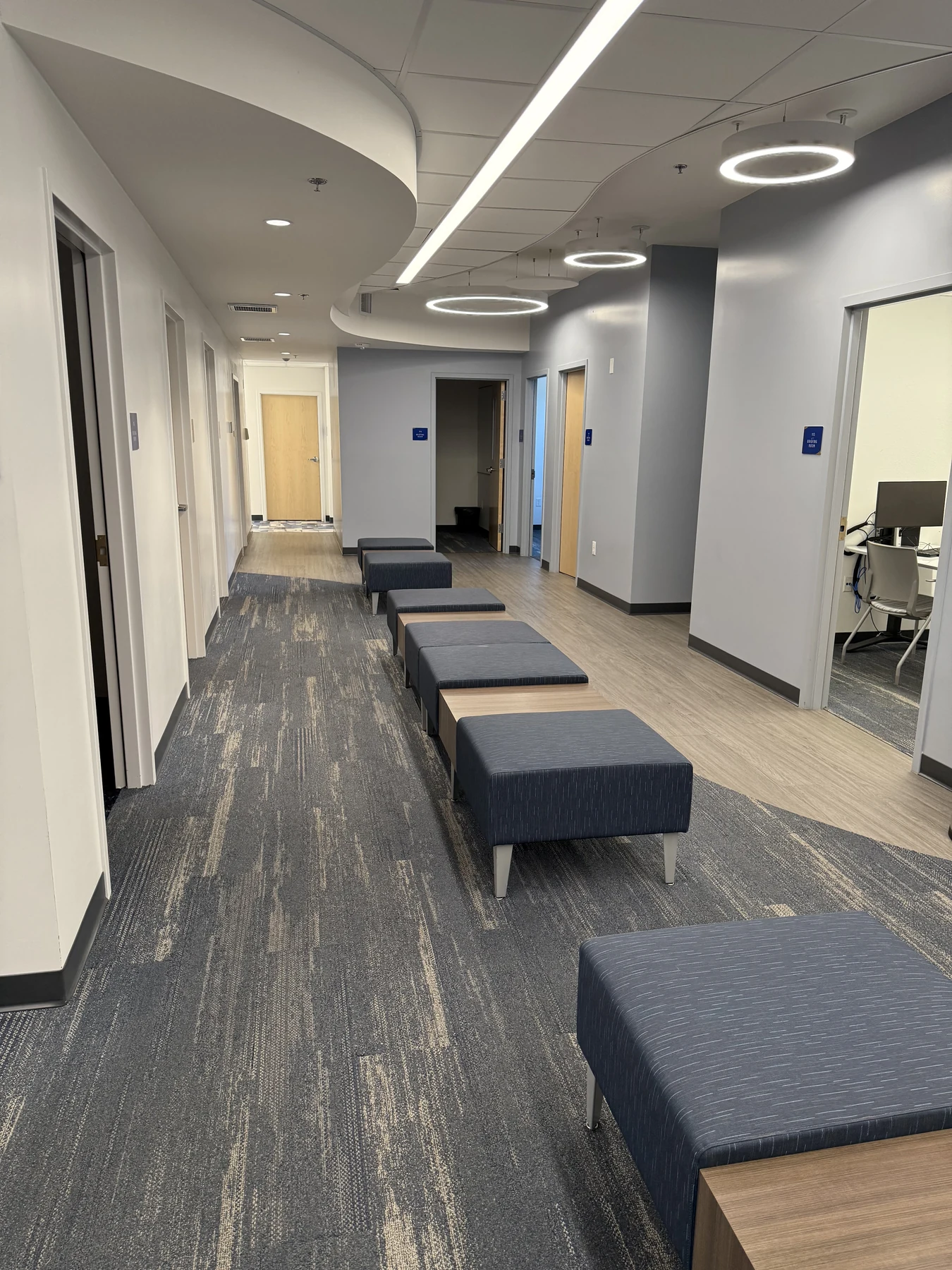 Interior corridor and seating area in the Embry-Riddle flight simulator building