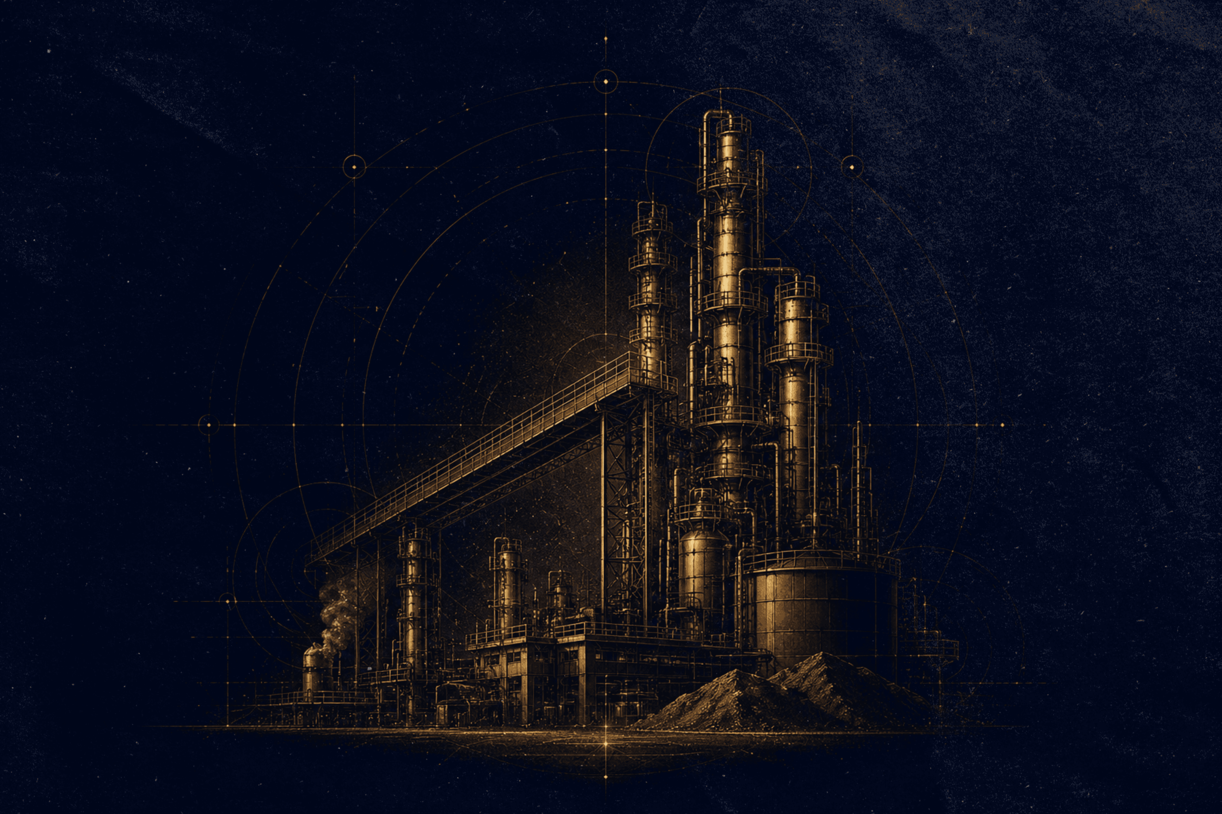 Gold line illustration of a magnesium production plant