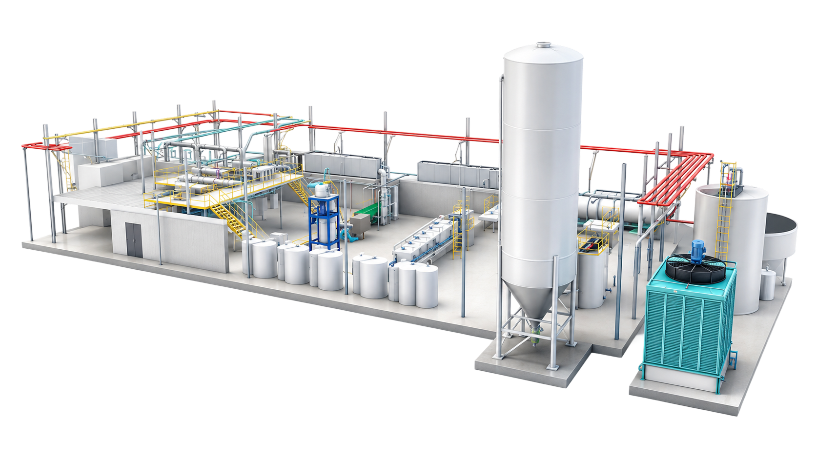 3D model of an industrial facility with silos, tanks, pipes, and machinery on a black background.