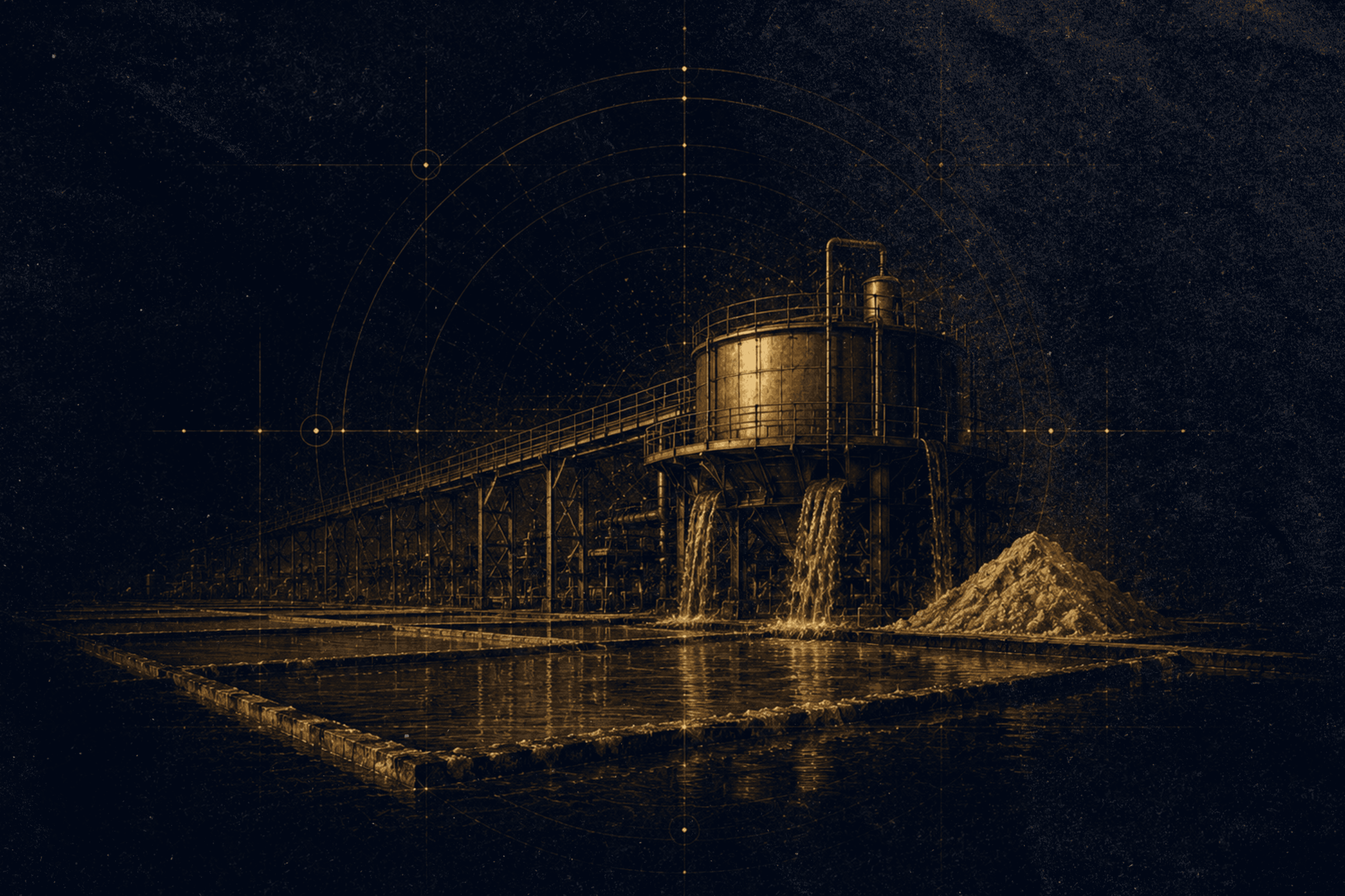 Gold line illustration of a processing plant beside an evaporation pond