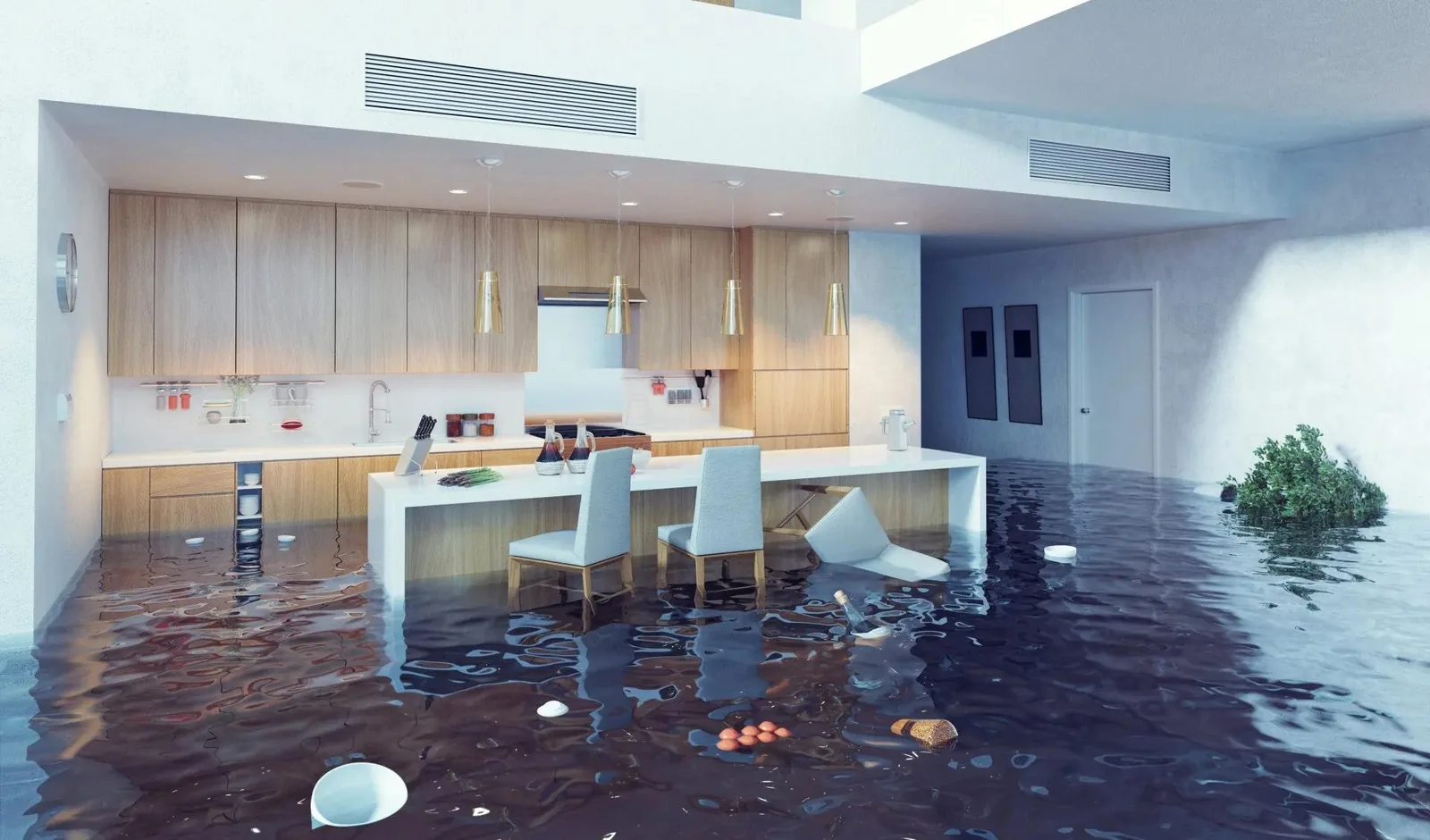 Standing water flooding a modern kitchen after a leak