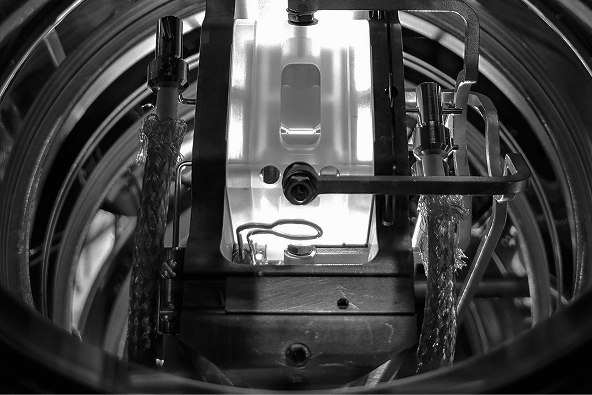Black and white photograph close up of machinery