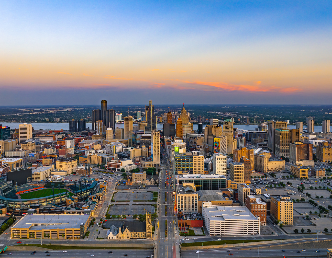 Aerial photo of Detroit skyline.