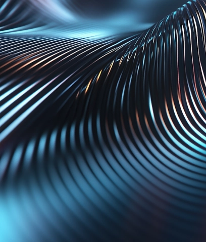 Close-up of smooth, undulating dark blue metallic waves with thin, evenly spaced lines reflecting light.