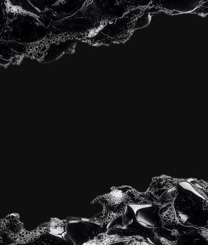 Close-up of dark, glossy liquid with bubbles clustered at the top and bottom edges against a black background.