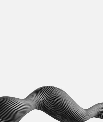 Curved, wave-like black sculpture with fine horizontal ridges on a plain light background.