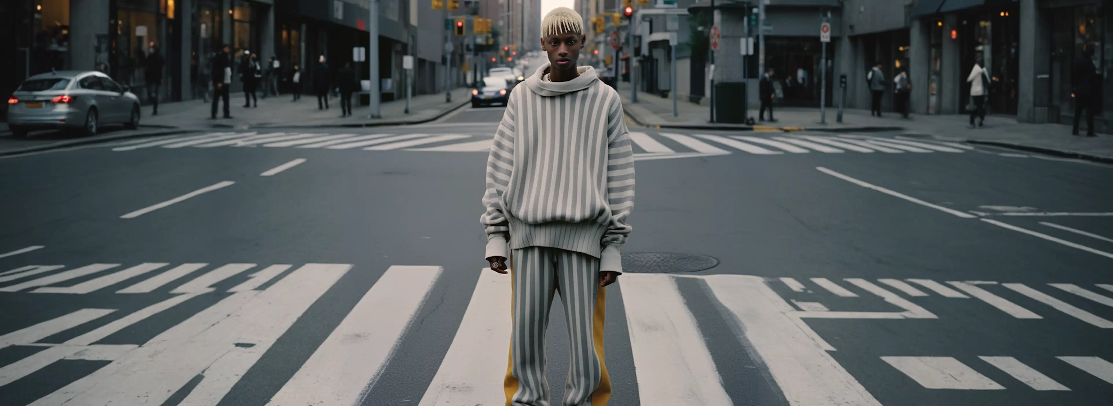 Young person with short blond hair standing in the middle of a city street crosswalk wearing a gray and white striped oversized sweater and matching pants with yellow side stripes, surrounded by buildings and cars.