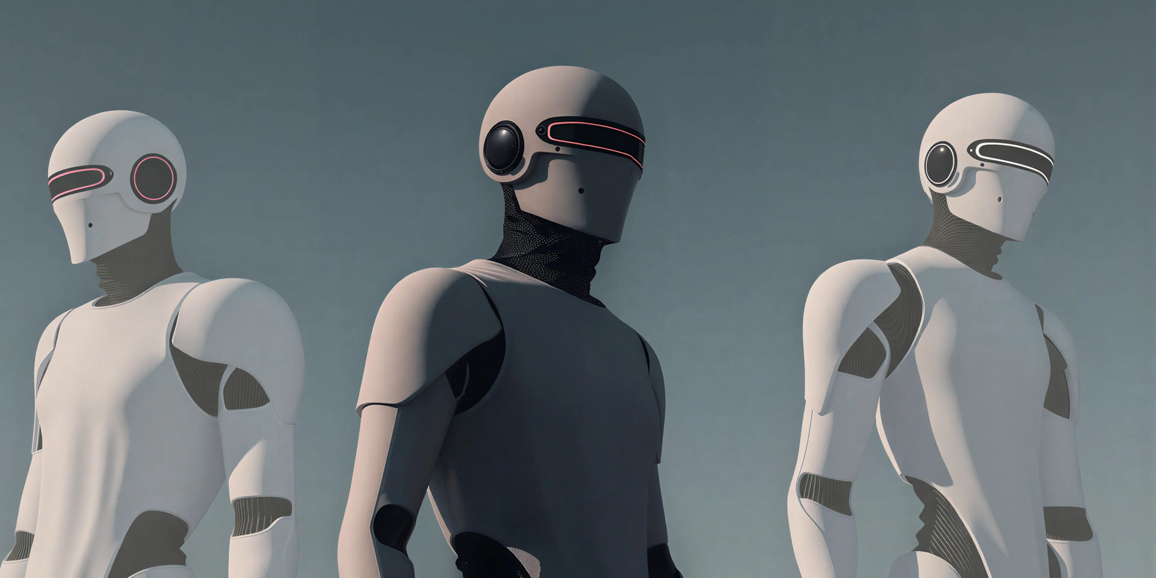 Three futuristic humanoid robots with white armor-like bodies and sleek helmets featuring visor-like designs stand side by side against a muted blue background.
