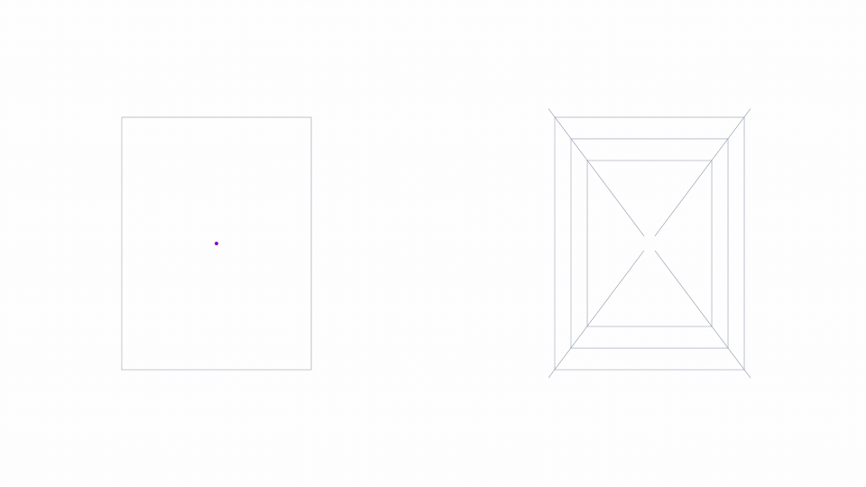 On the left, 4 grey lines form a square with a purple point expanding and compressing in the center. On the right, another frame shows dimension, with multiple layers of squares inside of one another. A large overlaying X strobes purple from outside to the inside, almost touching to emphasize a point in the center.