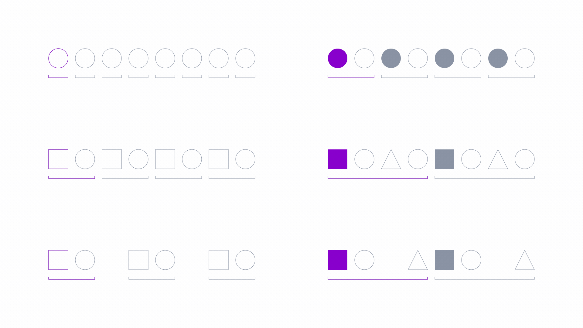A gif indicates rhythm in design using purple highlighting various combinations of circles, squares, and triangles.