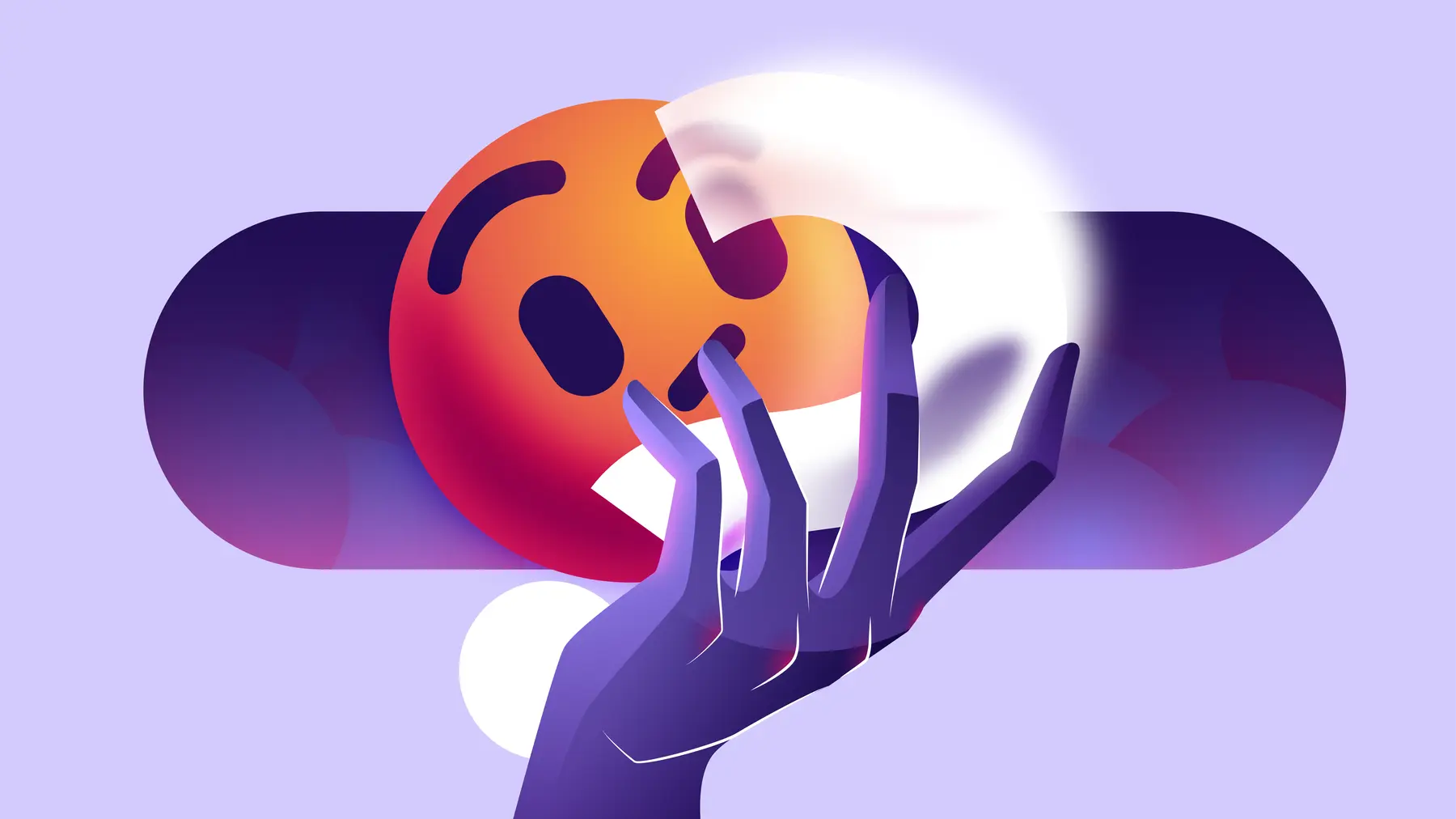 A cartoon hand holding a mixed-emotion emoji and a question mark