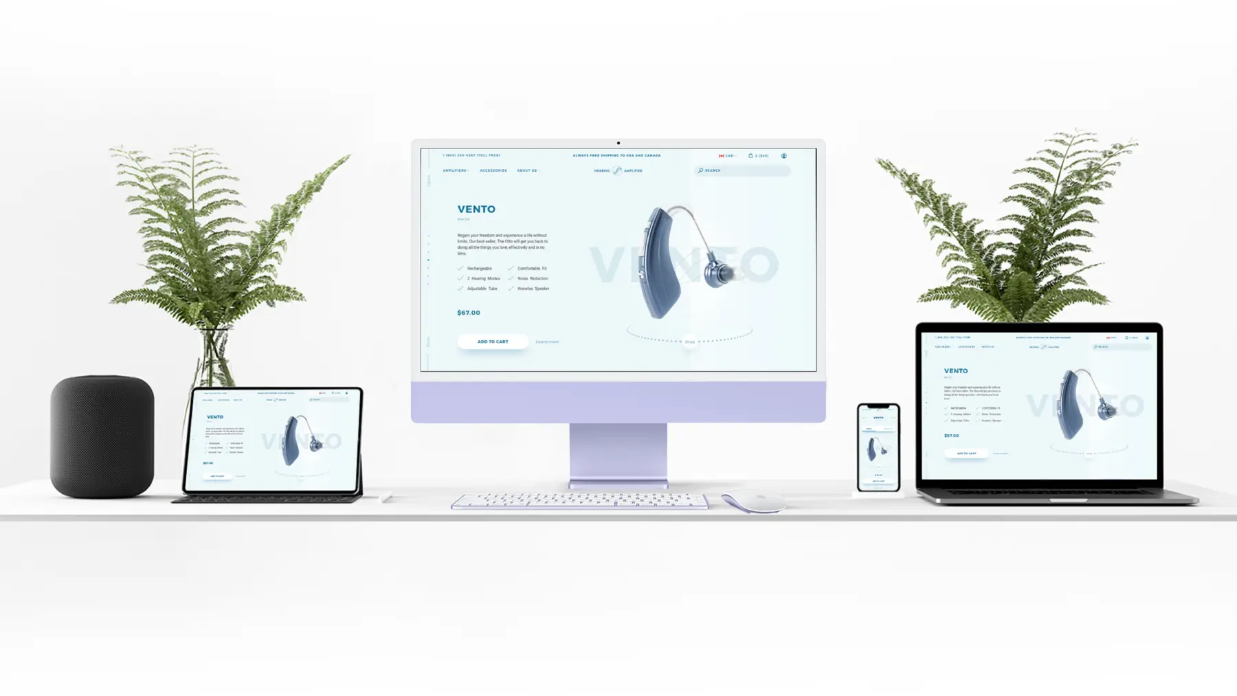 A tablet, desktop computer, laptop, and mobile phone all display the same website landing page, each screen has adapted the webpage to fit its size.