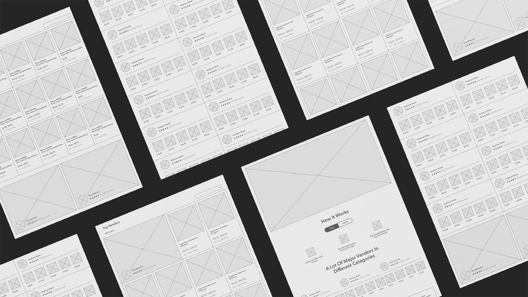 A website's wireframes on a black background