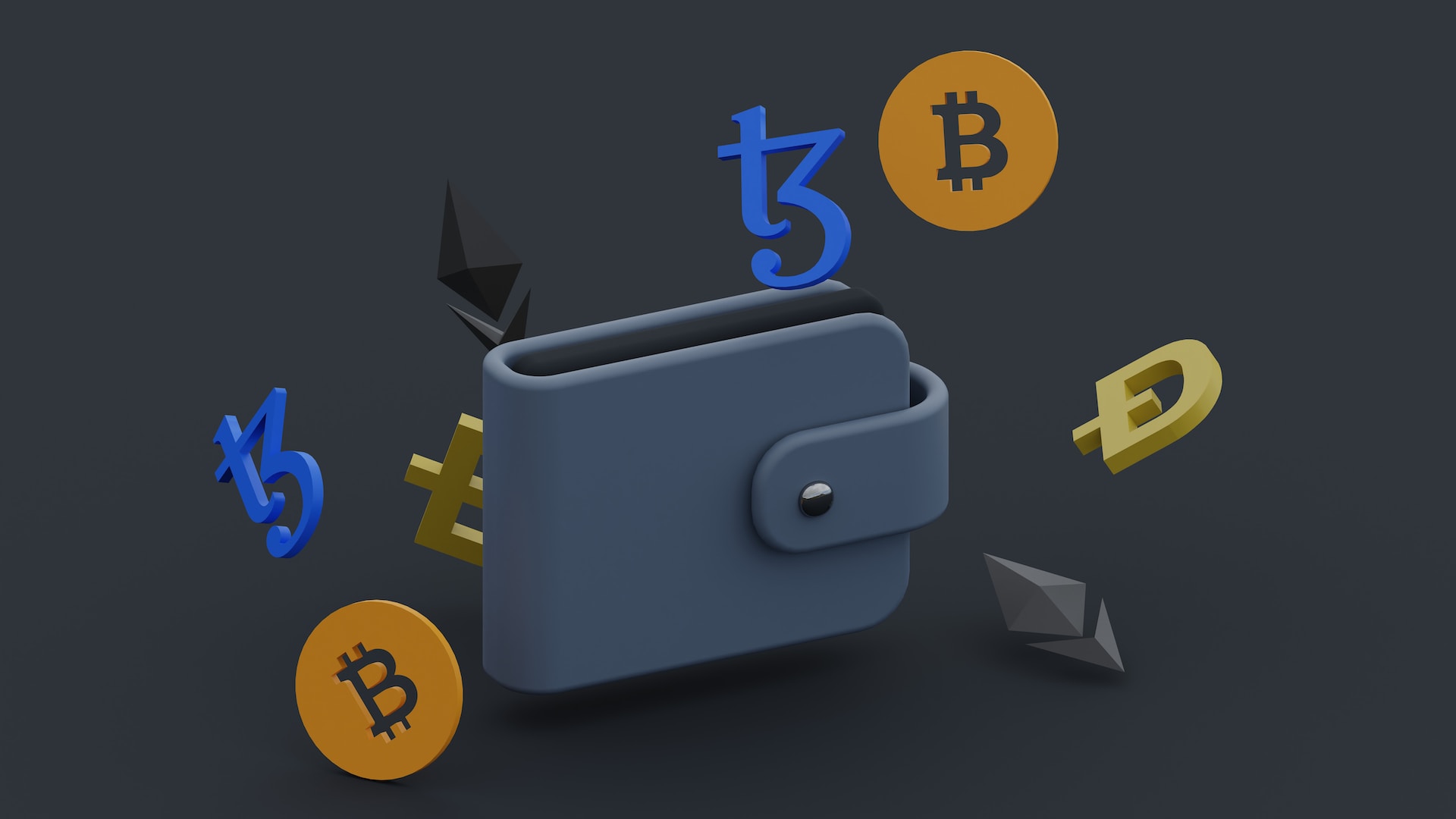 A 3D illustrated wallet, surrounded by cryptocurrency logos