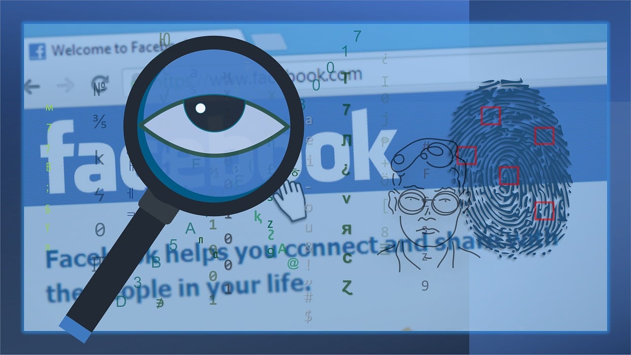 Facebook's login screen is overlayed with a magnifying glass containing a 1984-esque eyeball, next to a fingerprint