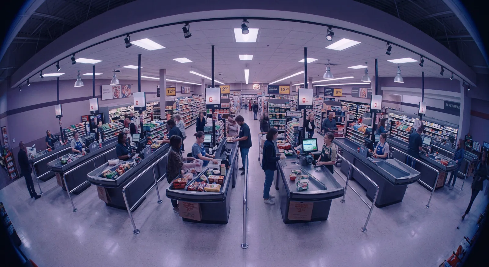 Wide view of a busy supermarket checkout area
