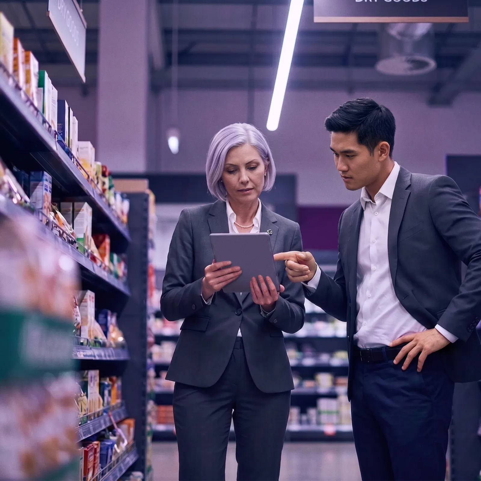 Two retail managers reviewing data on a tablet in a store aisle