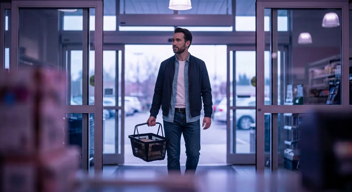 Shopper with a basket arriving through the store entrance