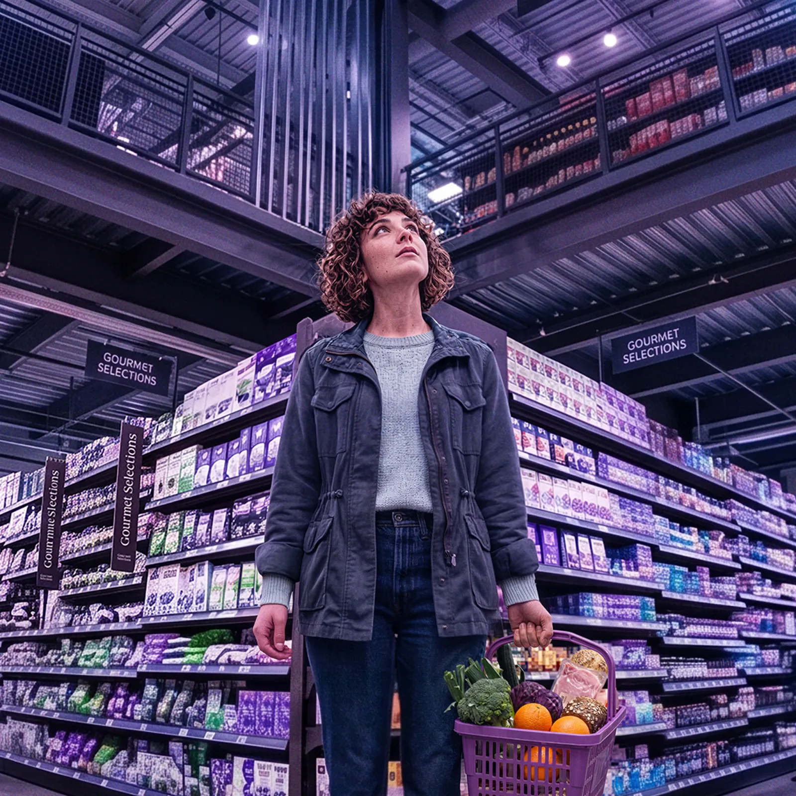 Shopper with a basket of fresh produce looking up at the shelves in a large supermarket