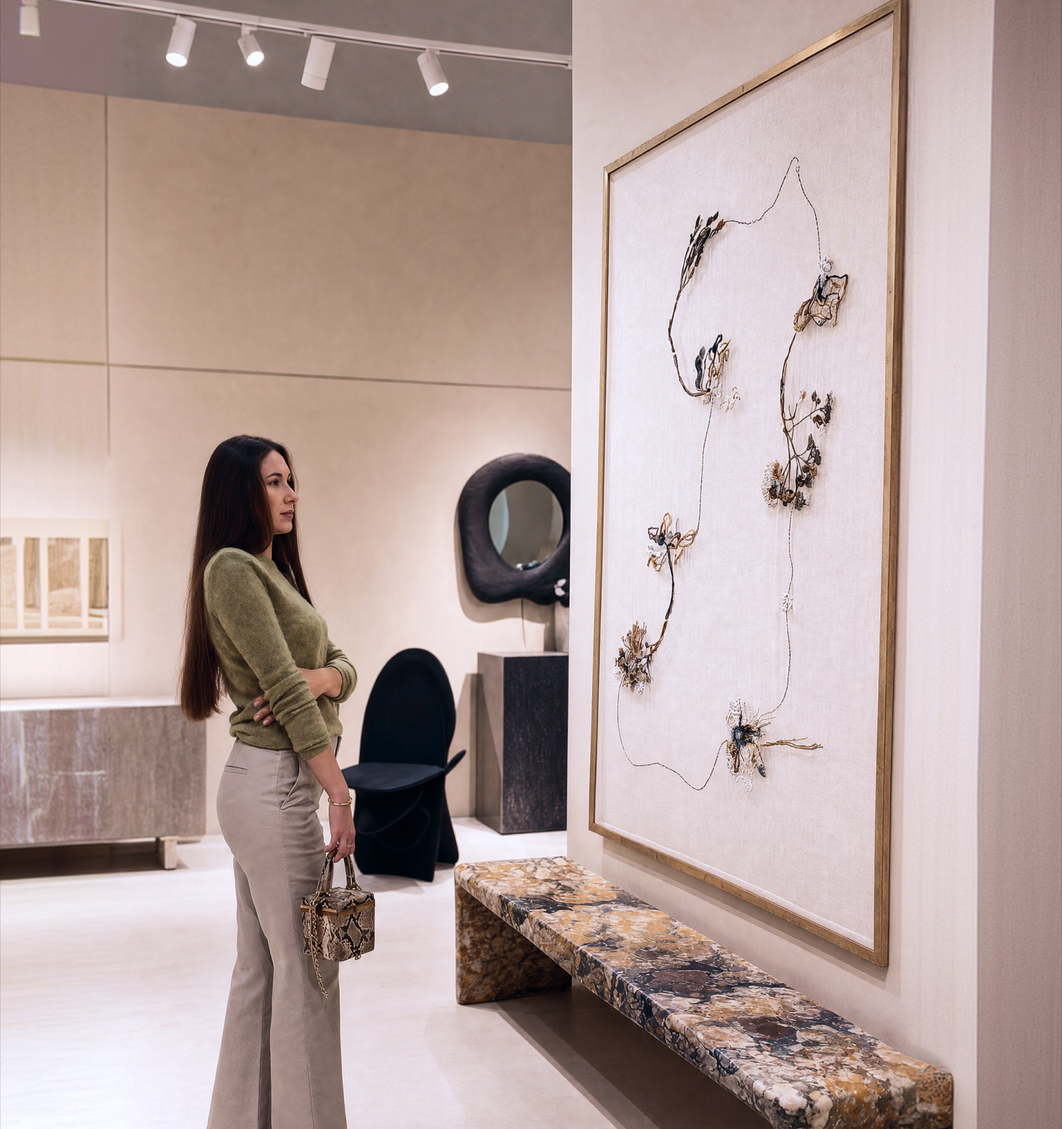 A visitor in a gallery beside a large framed botanical work