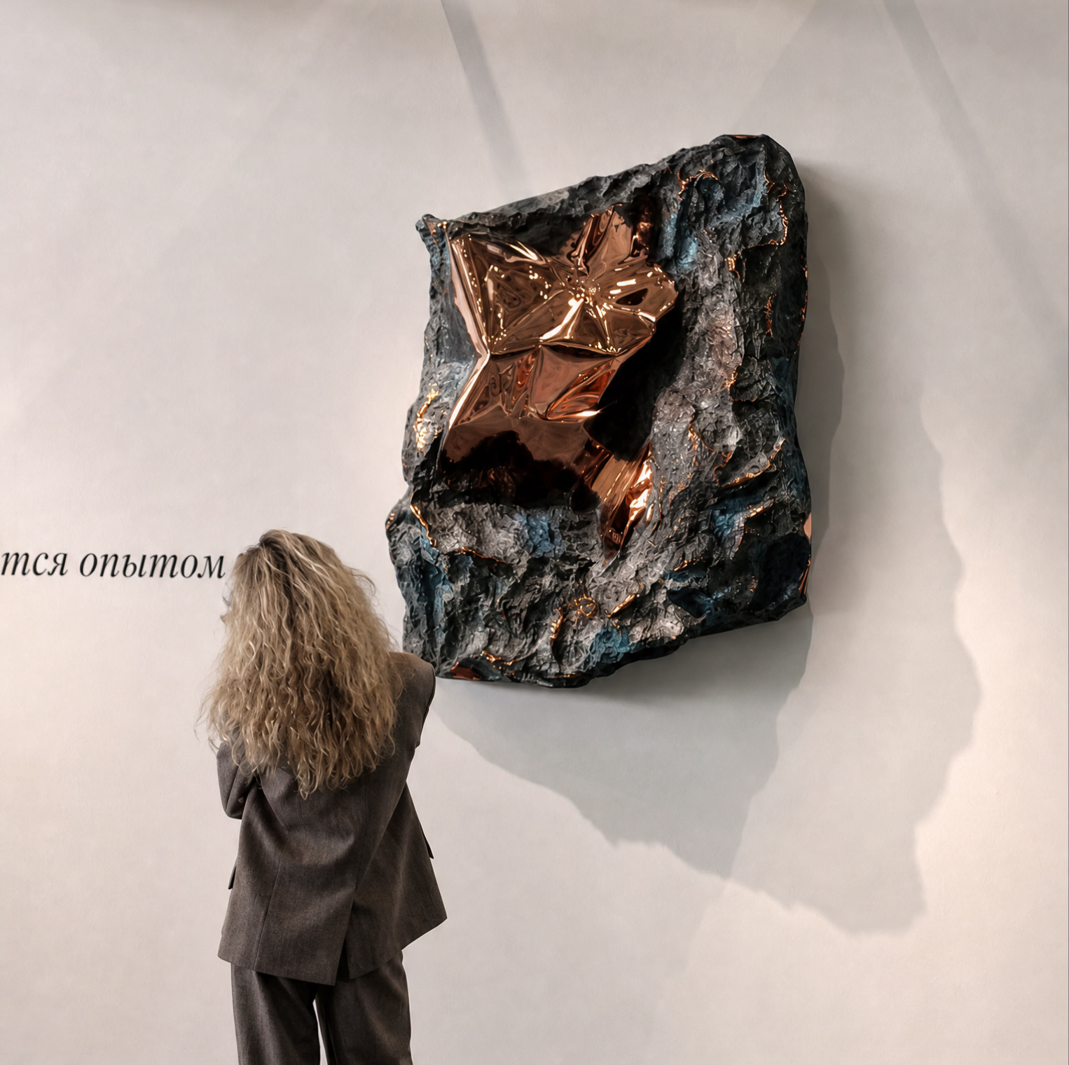 A visitor facing a dark metal relief on a white gallery wall