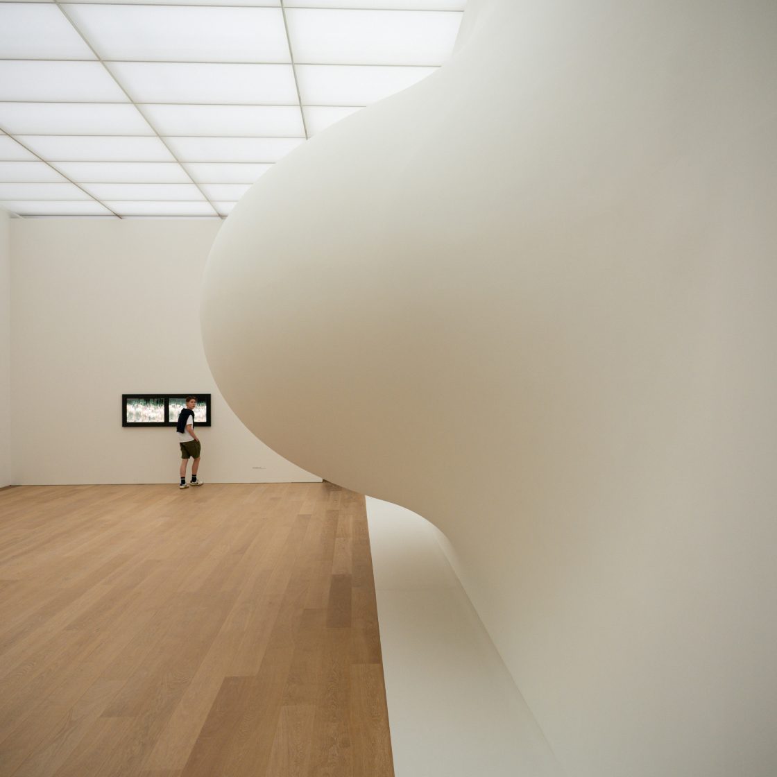 A visitor dwarfed by a sweeping white sculptural wall in a daylit gallery