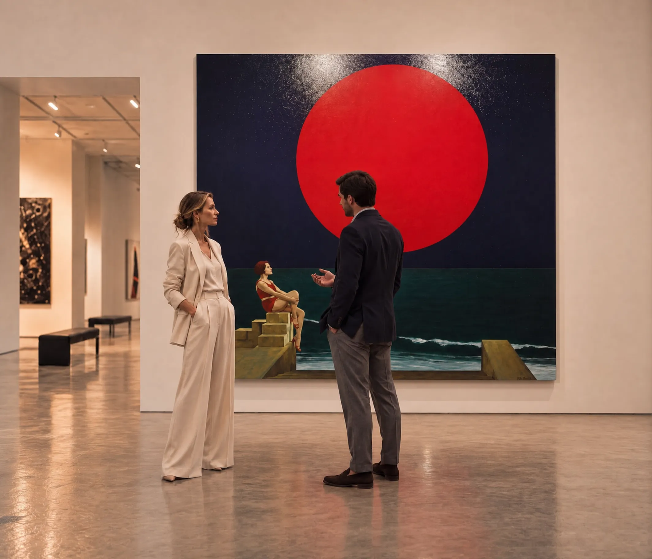 A woman and a younger man in conversation in front of a large painting of a red sun over the sea