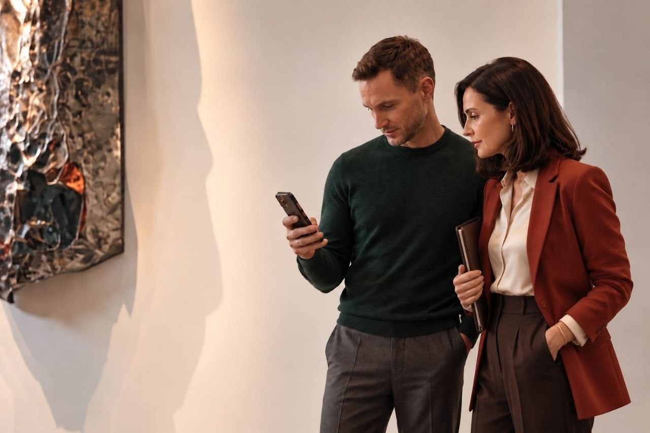 A man and a woman looking at a phone together beside a crumpled metal wall sculpture