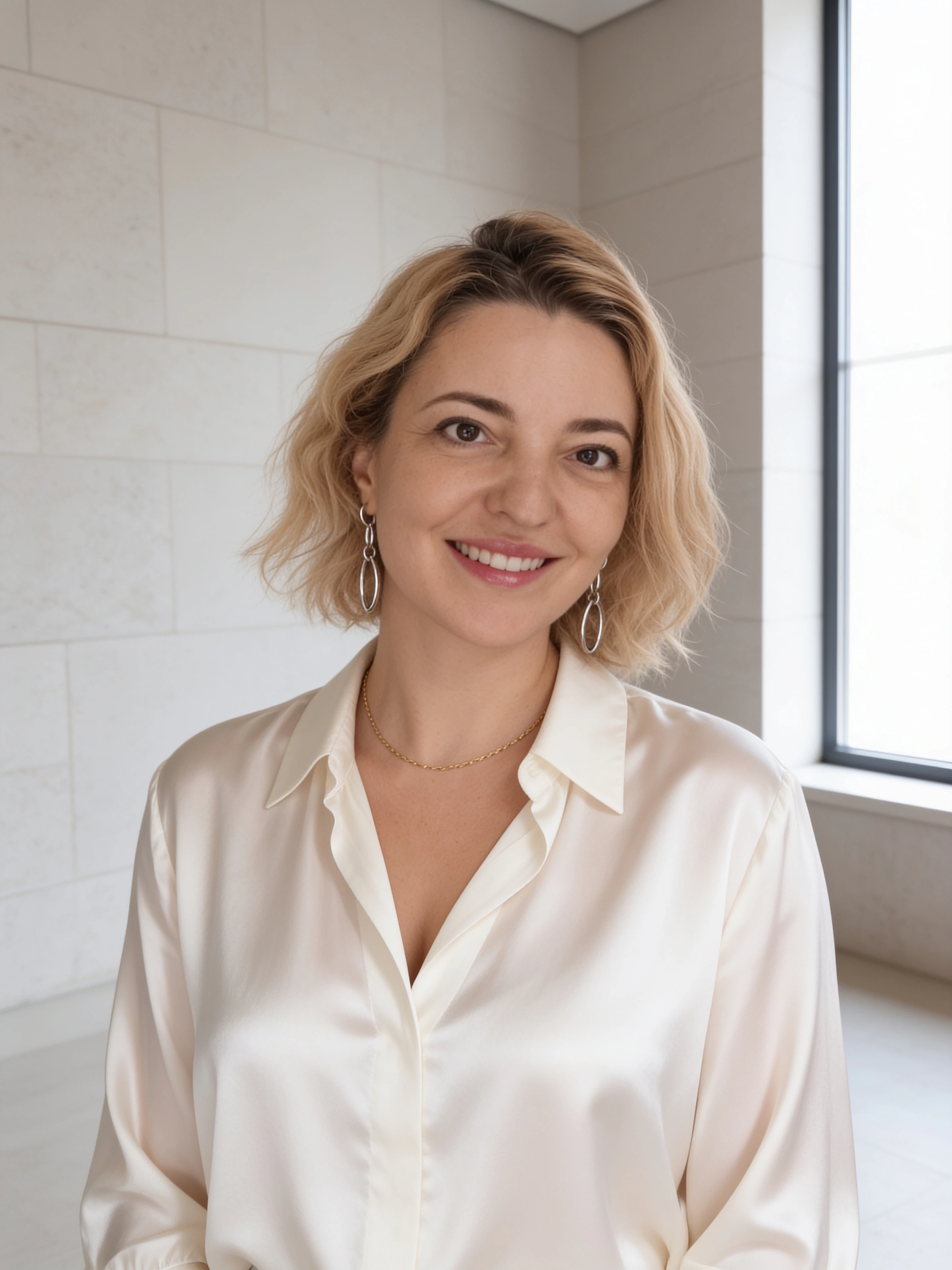 Elena Vysotskaia, founder of Astra, in an ivory blouse in a bright gallery