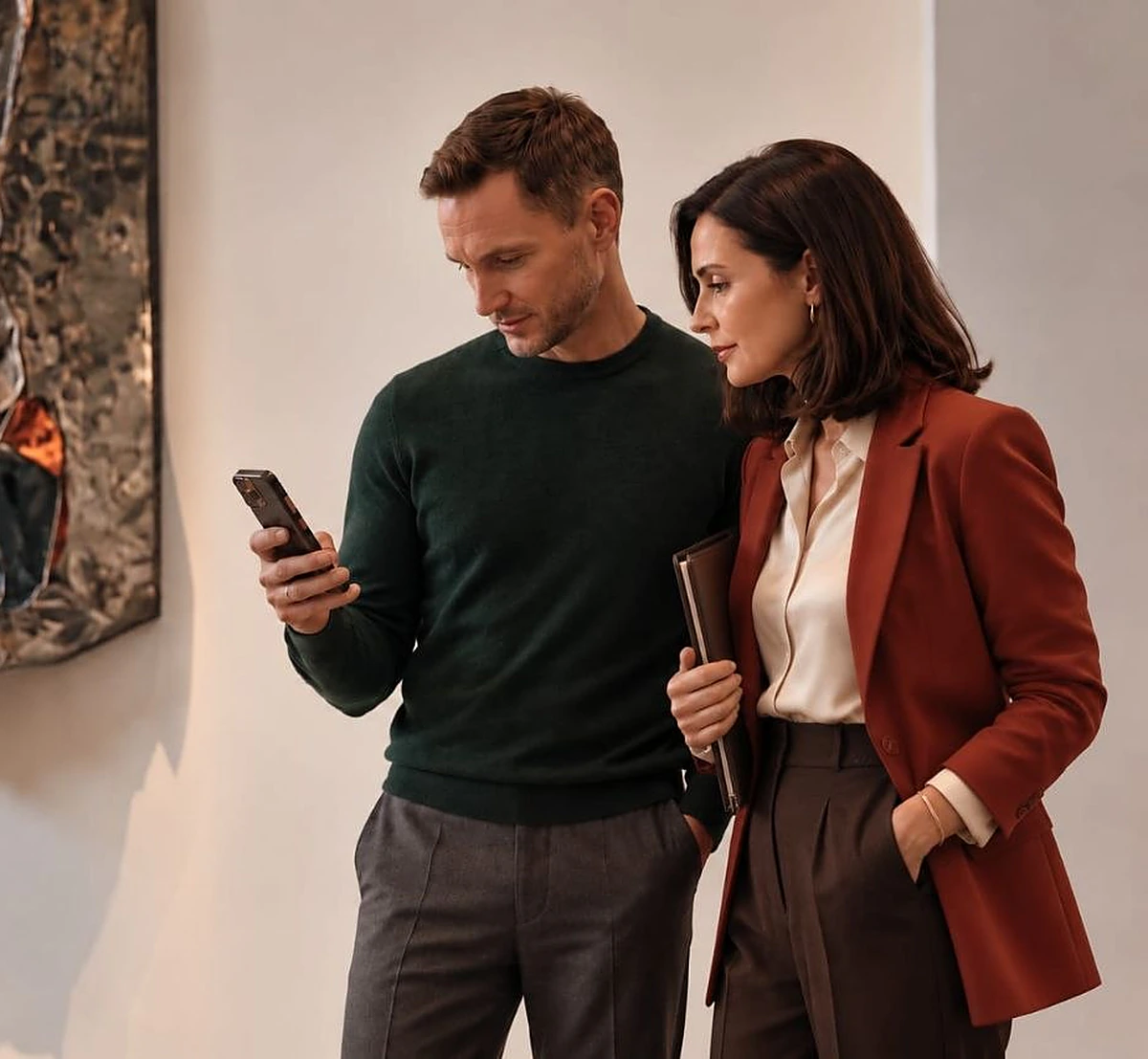 A man and a woman looking at a phone together beside a crumpled metal wall sculpture