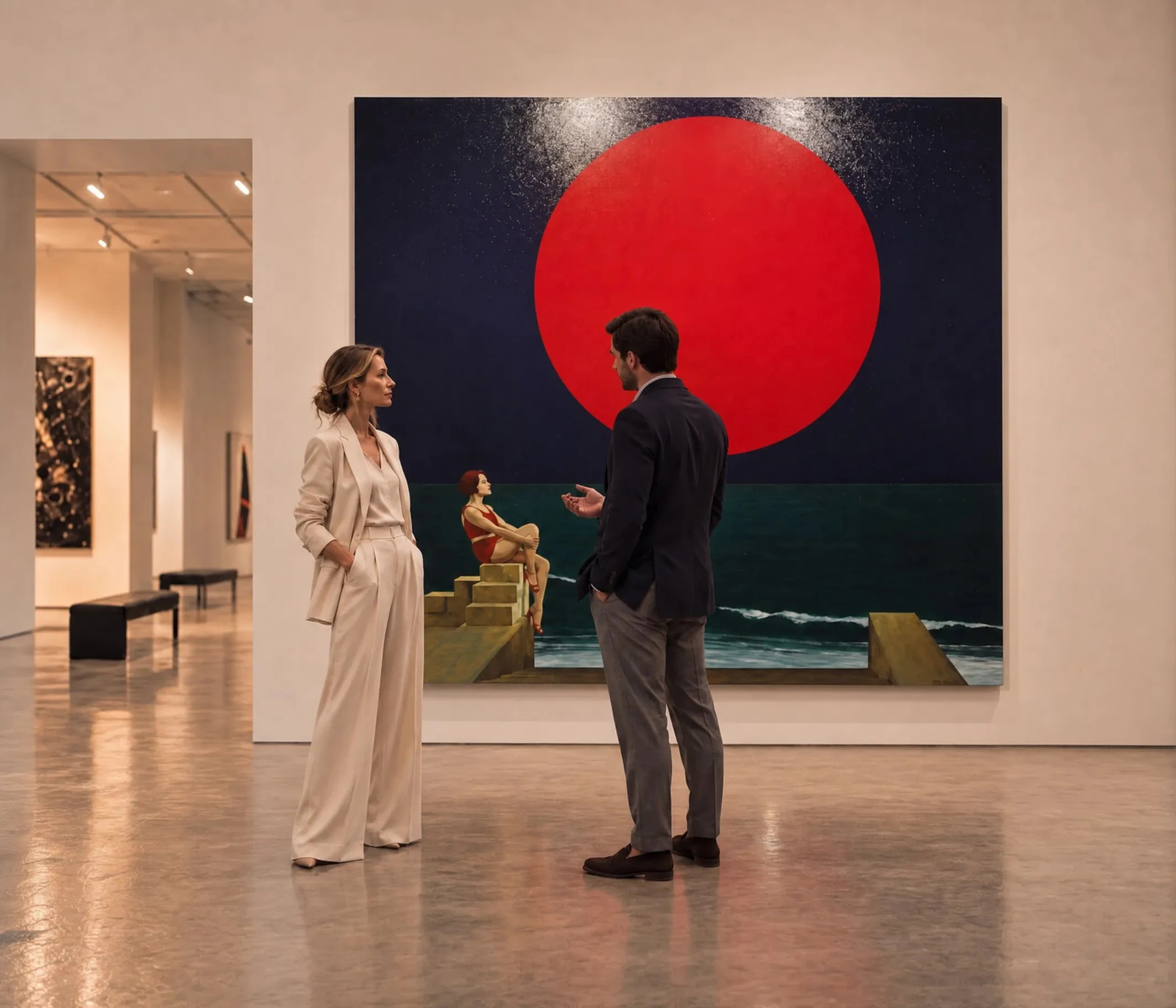 A woman and a younger man in conversation in front of a large painting of a red sun over the sea