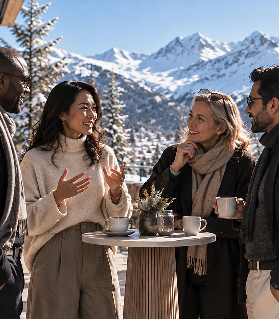 Guests in winter coats talking over coffee on a terrace, with snow-covered mountains behind